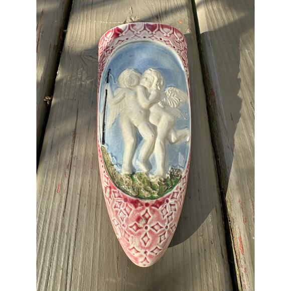 Vintage Ceramic Cherub Angel Wall Pocket Vase 6.5 pink blue Made in Japan - Picture 2 of 14